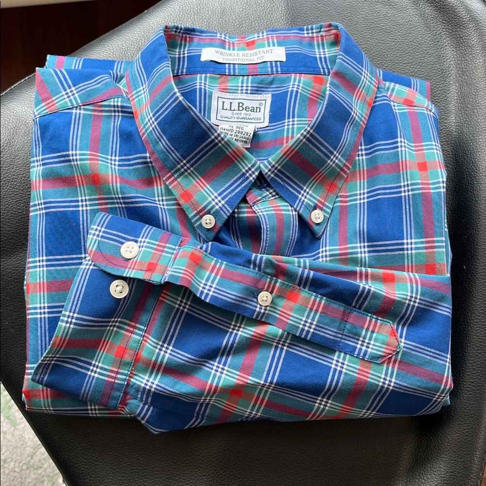 L.L. Bean Men's Vibrant Blue and Red Plaid Shirt